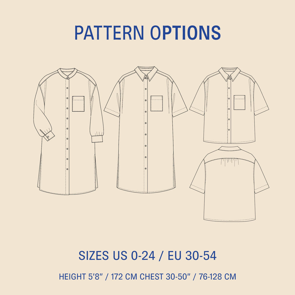 Pattern options for a shirt with various sizes and patterns on a beige background.