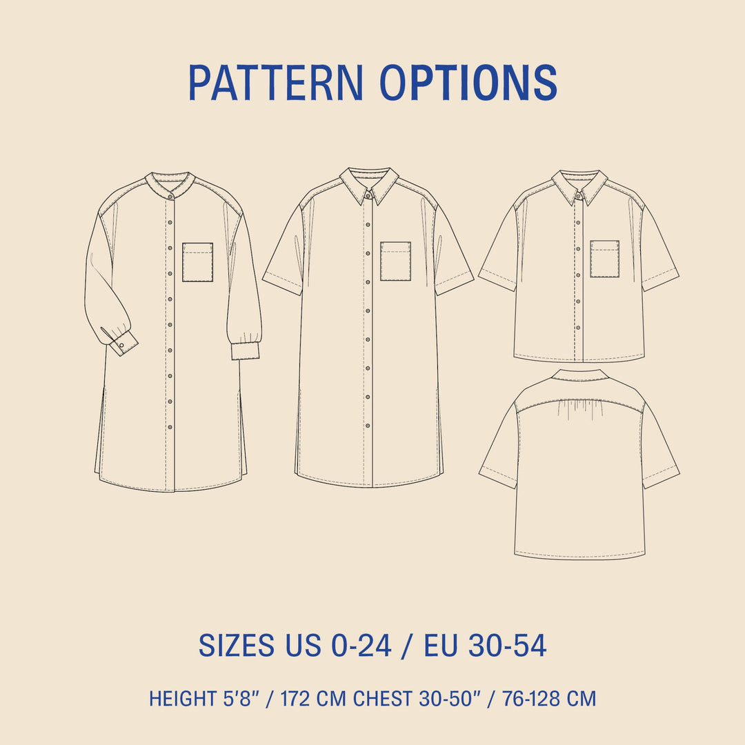 Pattern options for a shirt with various sizes and patterns on a beige background.