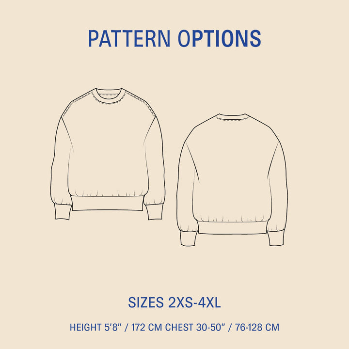 Outline of a sweatshirt with pattern options and size information on a beige background
