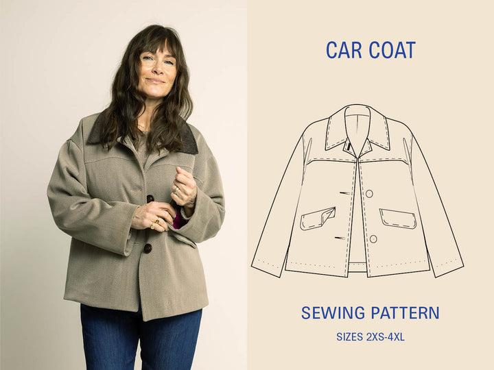 Woman wearing a car coat with a sewing pattern illustration on a beige background