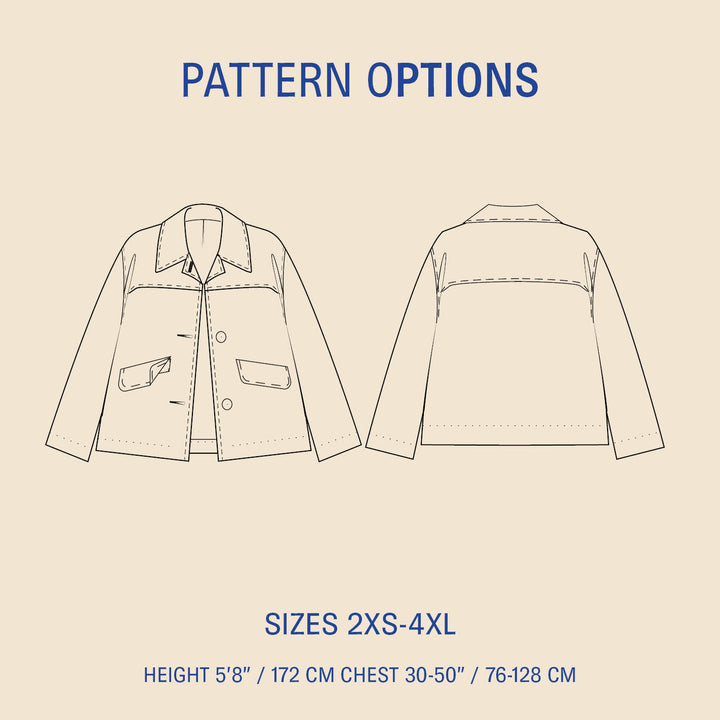 Car Coat Sewing Pattern sizing options illustration, featuring sizes 2XS to 4XL for comfort and style.