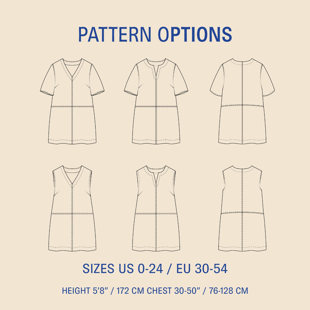 Pattern options for a dress with various views on a beige background