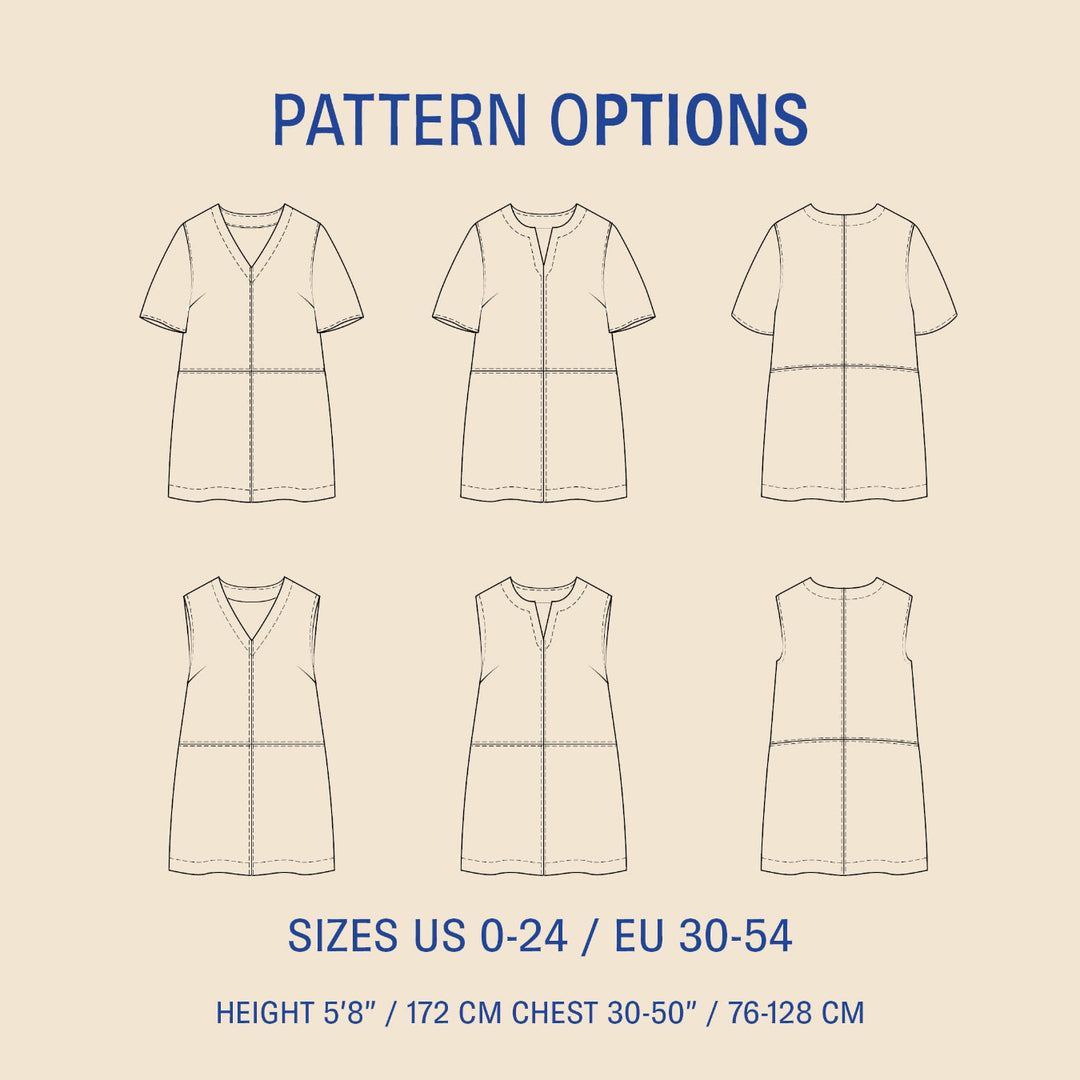 Pattern options for a dress with various views on a beige background