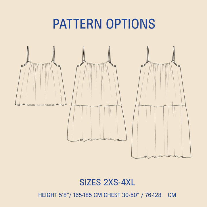 Outline of a dress with pattern options and size information on a beige background