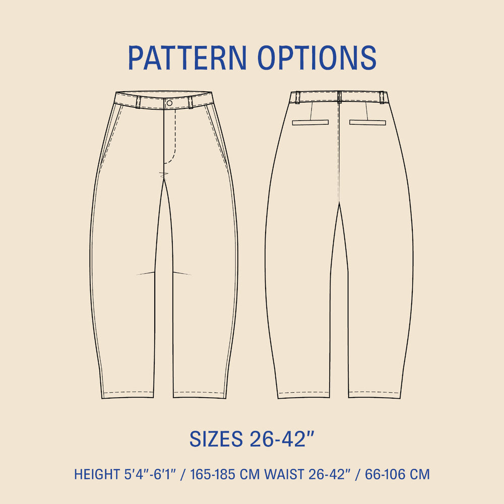 Barrel Chino Pants sewing pattern with front and back views, available in sizes 26-42.