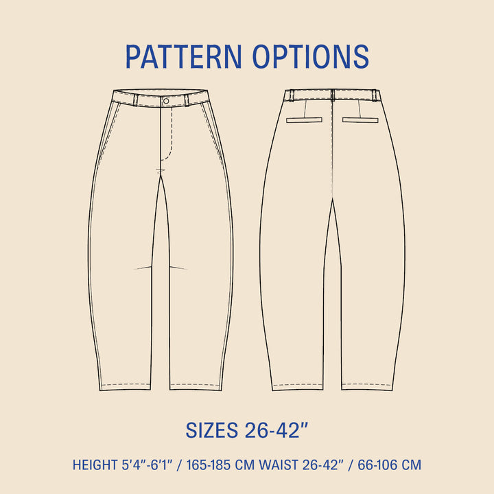 Barrel Chino Pants sewing pattern with front and back views, available in sizes 26-42.
