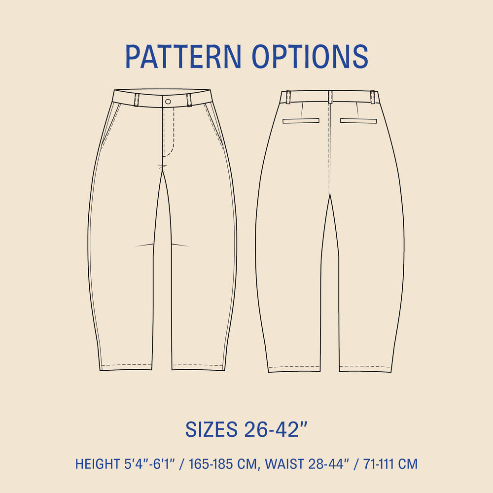 Barrel Chino Pants sewing pattern with front and back views, available in sizes 26-42.
