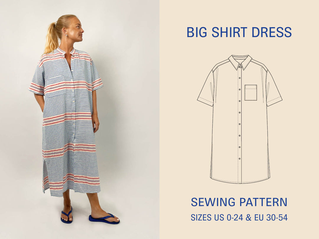 Woman wearing a striped shirt dress with sewing pattern illustration and text on a white background