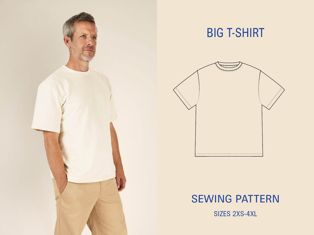 Big T-shirt sewing pattern displayed with a model showcasing the unique relaxed fit and design features.