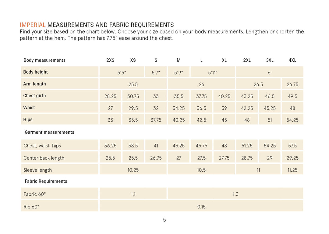 Big T-shirt sewing pattern, Measurement chart for fabric requirements with body and garment measurements.