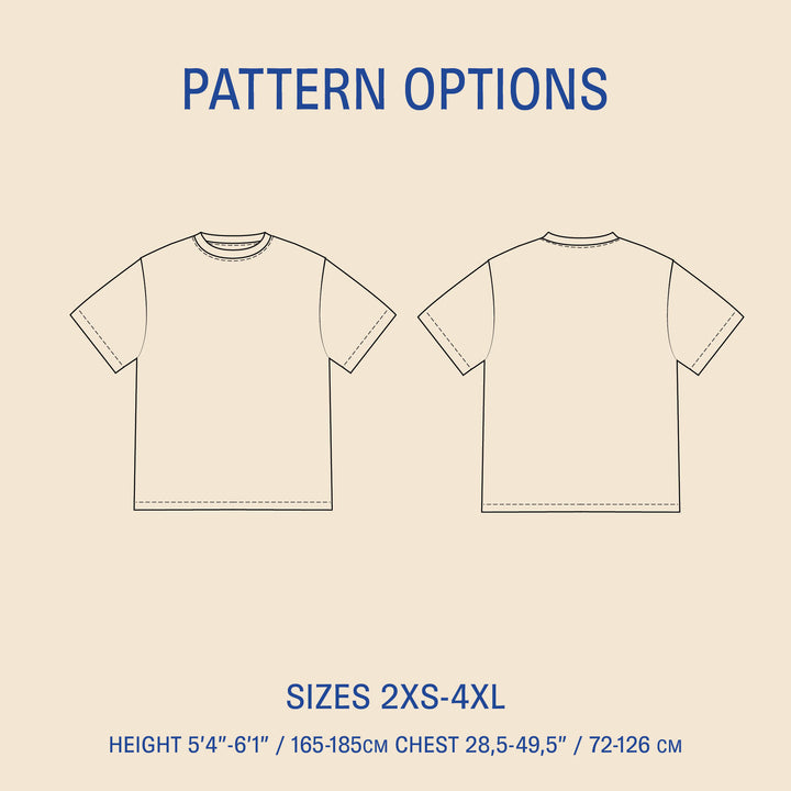 Big T-shirt sewing pattern size options illustration showing front and back views for sizes 2XS-4XL.