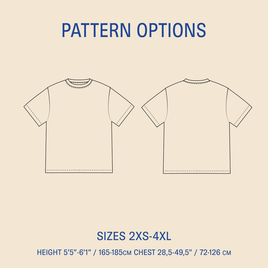 Big T-shirt sewing pattern size options illustration showing front and back views for sizes 2XS-4XL.