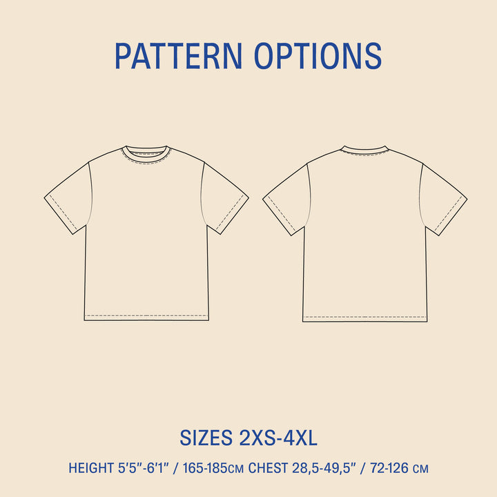 Big T-shirt sewing pattern size options illustration showing front and back views for sizes 2XS-4XL.