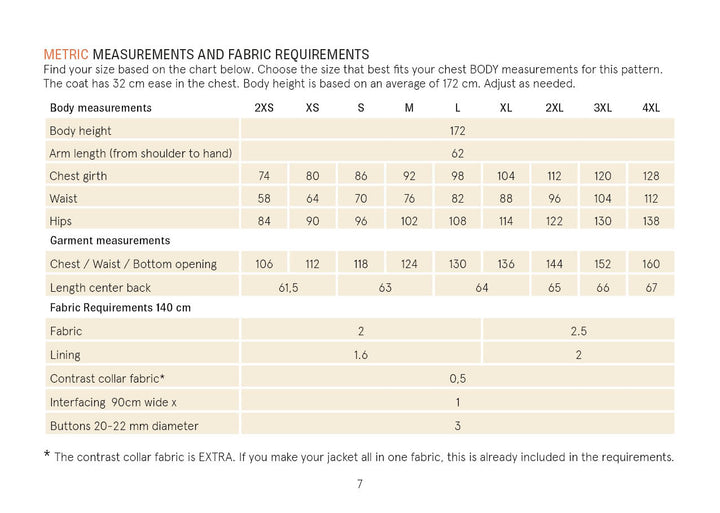 Car Coat Sewing Pattern measurements and fabric requirements chart for tailoring the perfect fit.