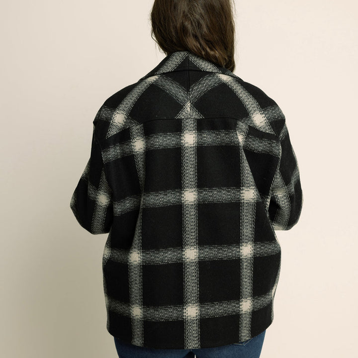Car Coat Sewing Pattern - back view of a stylish plaid coat, perfect for layering and everyday wear.