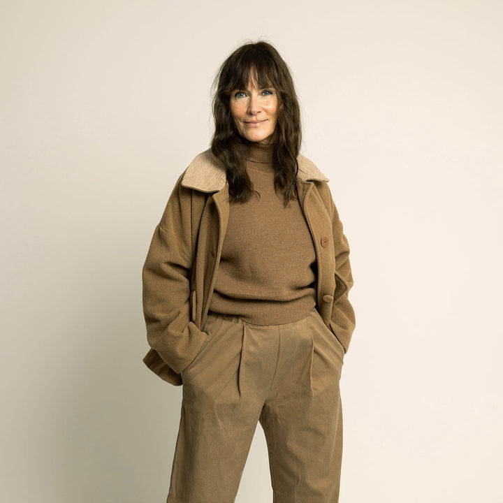 Car Coat Sewing Pattern featured in a stylish model wearing a relaxed outerwear piece and coordinating outfit.