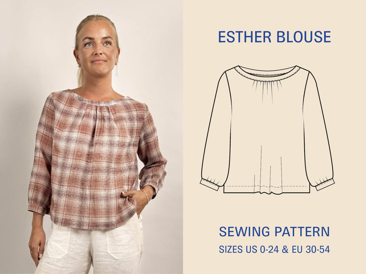 Woman wearing a plaid blouse with an illustration and text for 'Esther Blouse' sewing pattern.