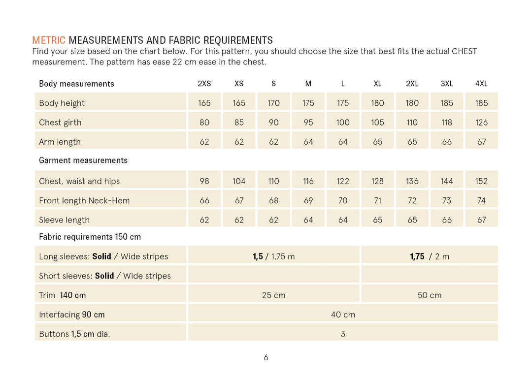 Rugby Polo Shirt sewing pattern measurements and fabric requirements chart for sizing and fabric needs.