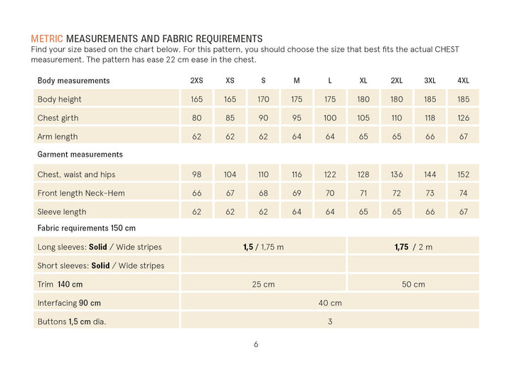Rugby Polo Shirt sewing pattern measurements and fabric requirements chart for sizing and fabric needs.