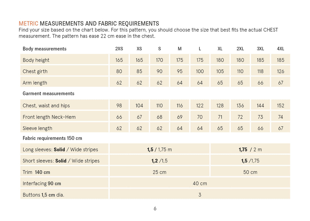 Rugby Polo Shirt sewing pattern size chart with body and garment measurements and fabric requirements.