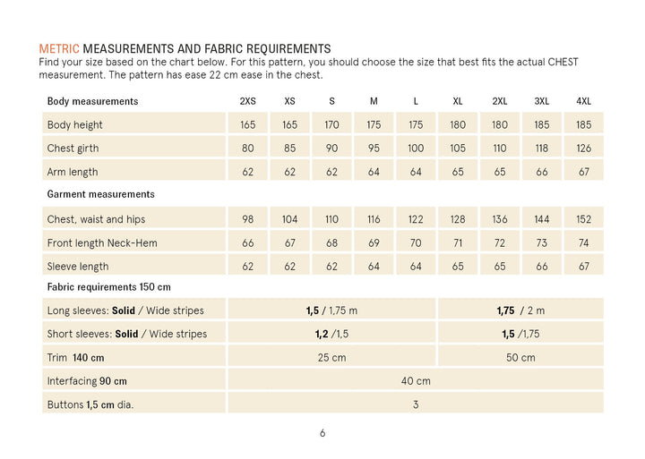 Rugby Polo Shirt sewing pattern size chart with body and garment measurements and fabric requirements.
