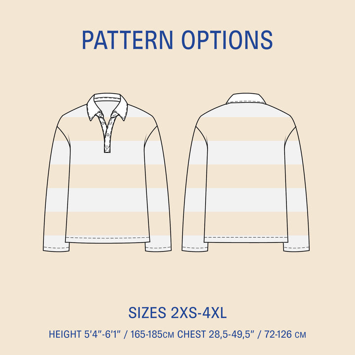 Rugby Polo Shirt sewing pattern with front and back views and size options 2XS-4XL, featuring height and chest measurements.