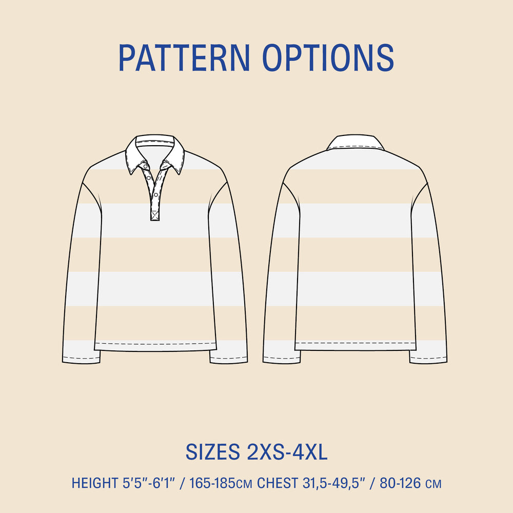 Rugby Polo Shirt sewing pattern with front and back views and size options 2XS-4XL, featuring height and chest measurements.