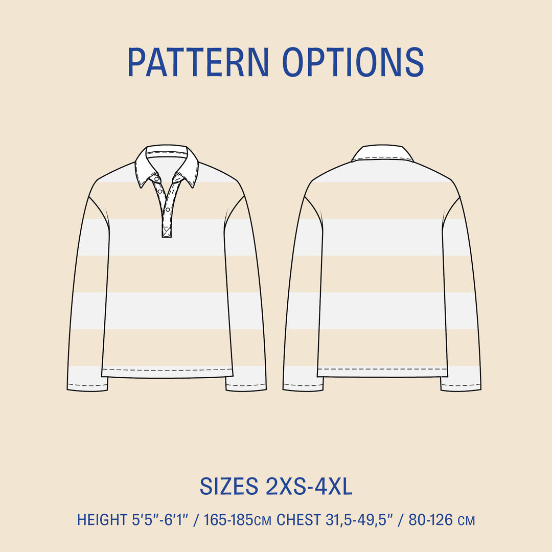 Rugby Polo Shirt sewing pattern with front and back views and size options 2XS-4XL, featuring height and chest measurements.