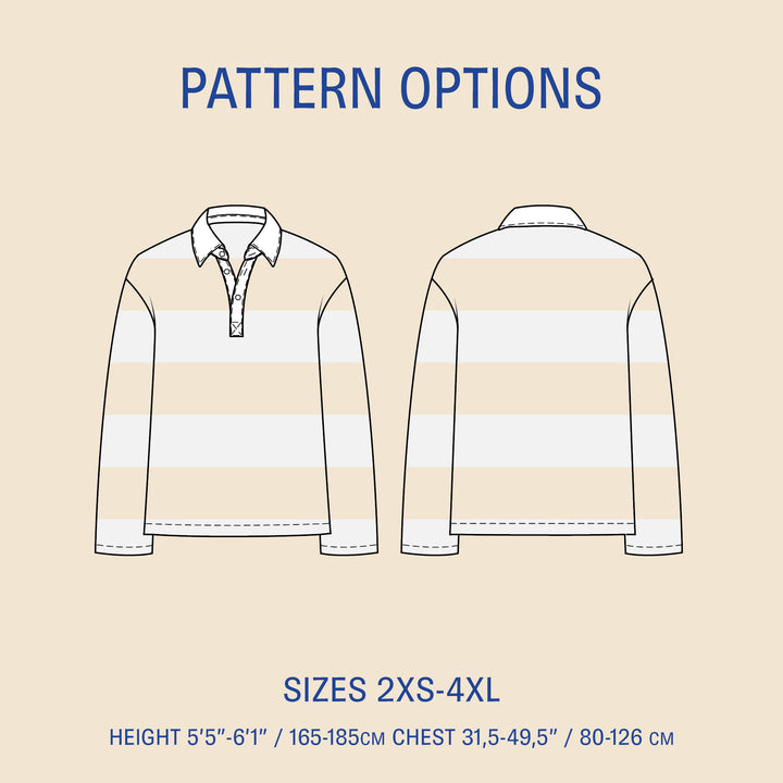 Rugby Polo Shirt sewing pattern with front and back views and size options 2XS-4XL, featuring height and chest measurements.