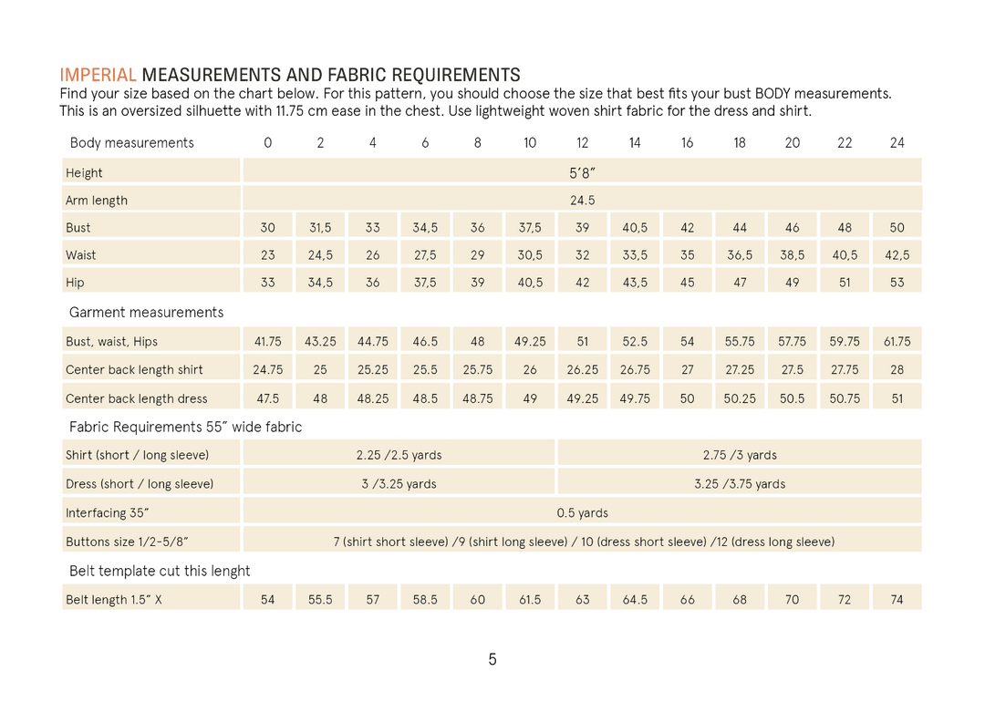 Measurement chart for dress and shirt patterns with body measurements and fabric requirements.