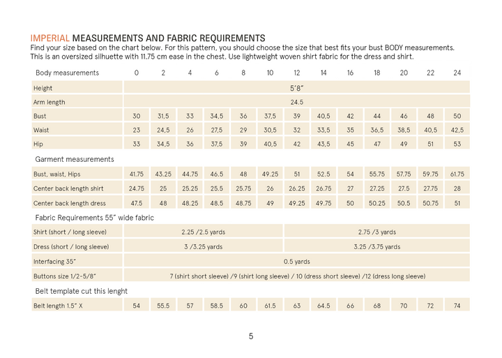 Measurement chart for dress and shirt patterns with body measurements and fabric requirements.