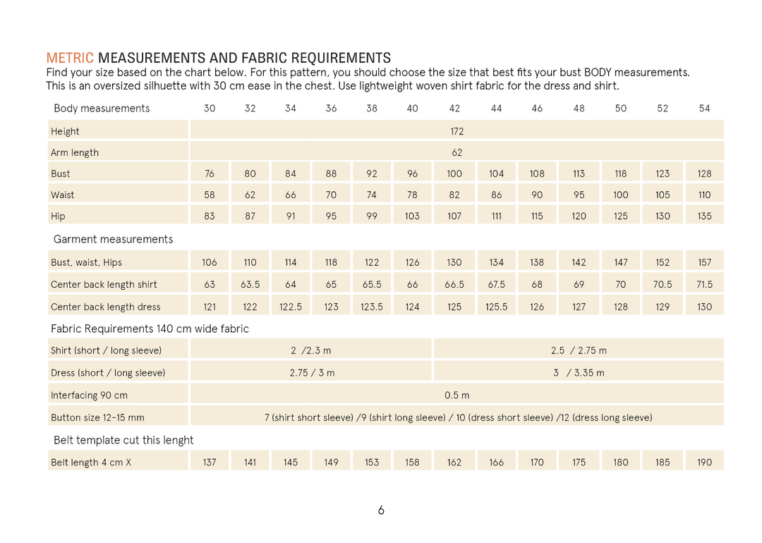 Fabric requirements and size chart for a garment pattern on a white background