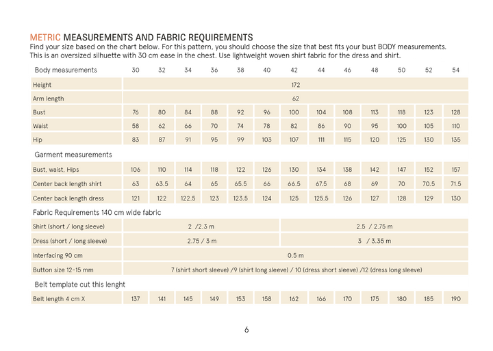 Fabric requirements and size chart for a garment pattern on a white background
