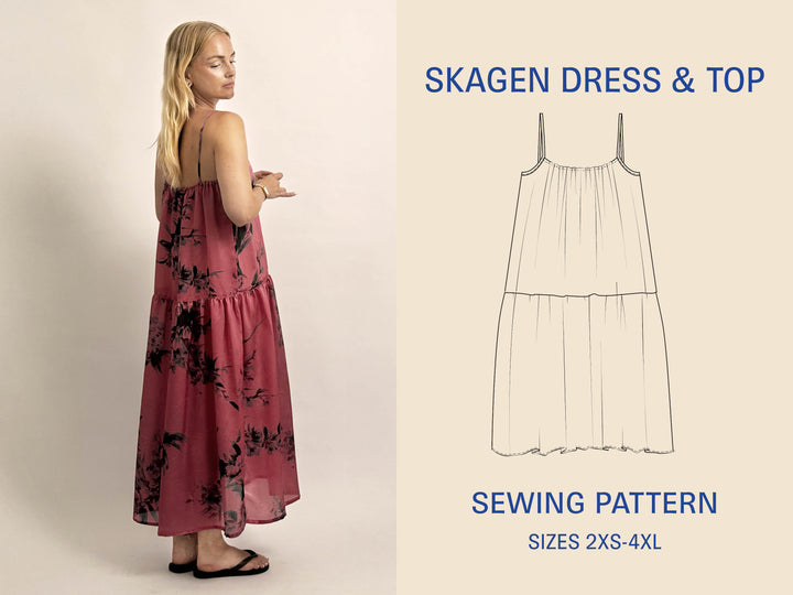 Woman wearing a pink dress with black floral pattern, next to a sewing pattern illustration on a beige background.