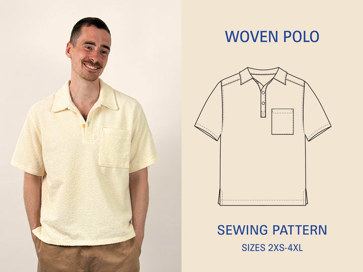 Man wearing a yellow woven polo shirt with a sewing pattern illustration on a beige background