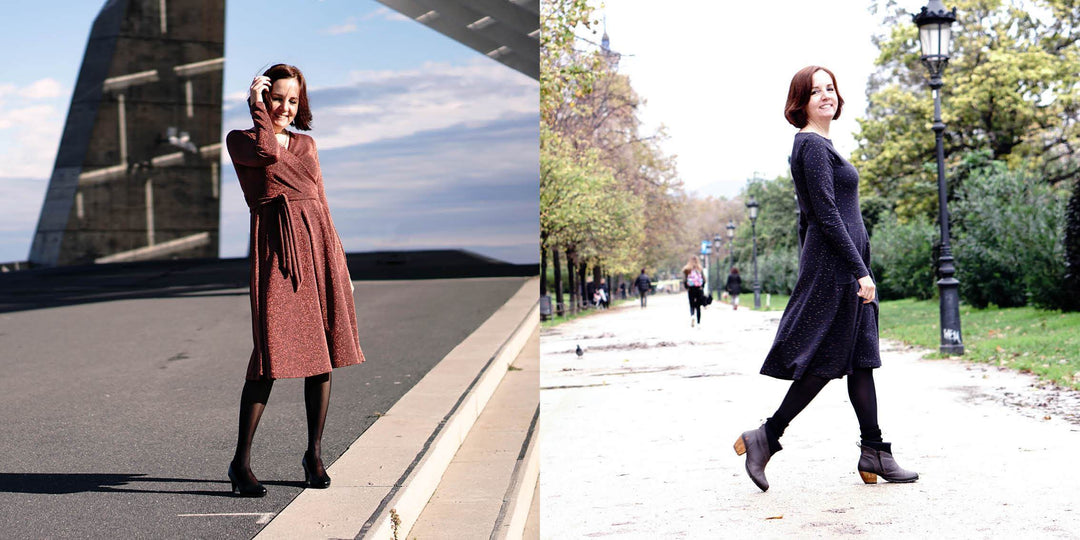 Sewing for the Holidays fashion: a woman in two stylish dresses enjoying a walk outdoors.