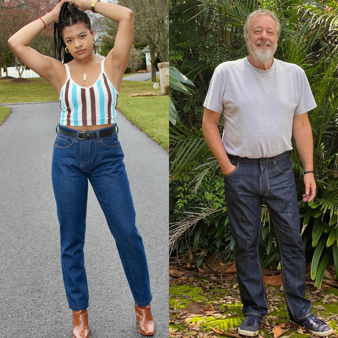 Jeans Sewing Patterns featuring a woman in blue jeans and a man in denim on a nature path.