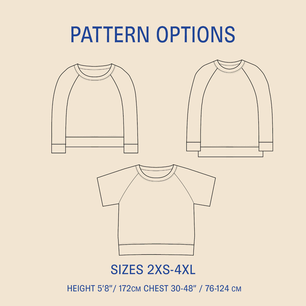 Outline of three shirts with pattern options and size information on a beige background