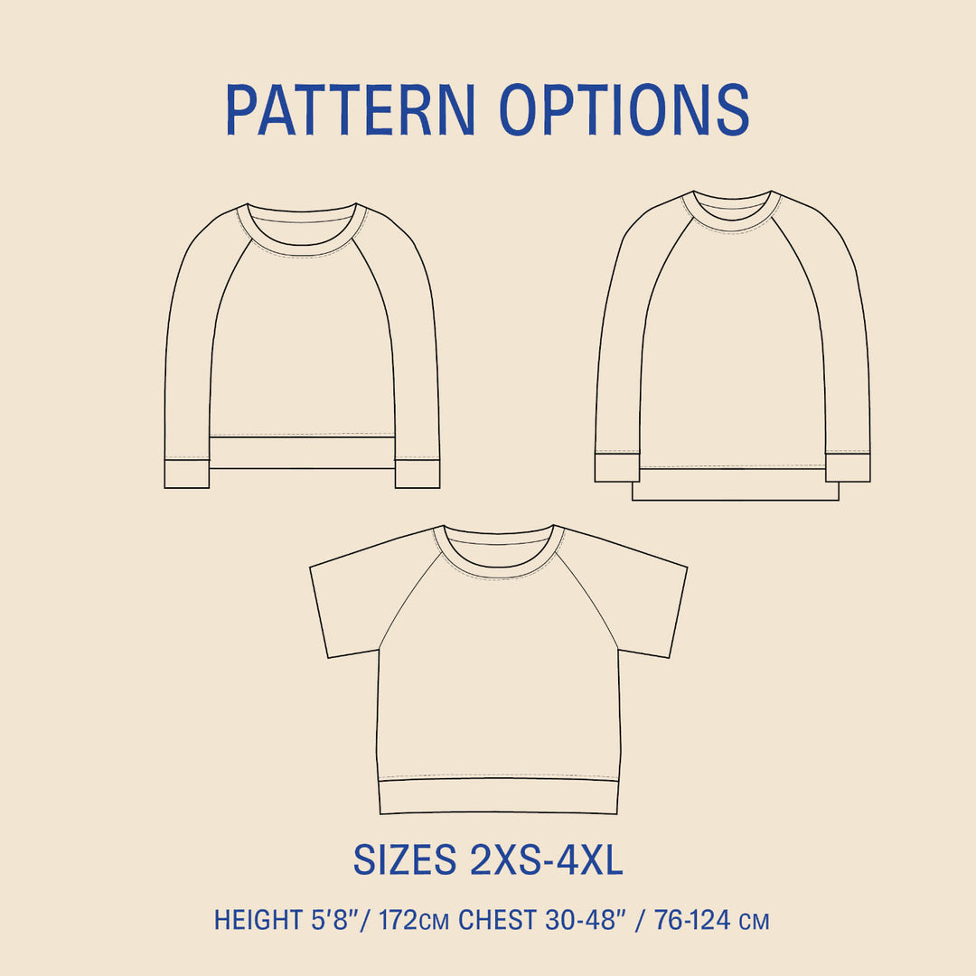 Outline of three shirts with pattern options and size information on a beige background