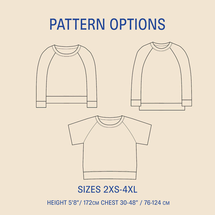 Outline of three shirts with pattern options and size information on a beige background