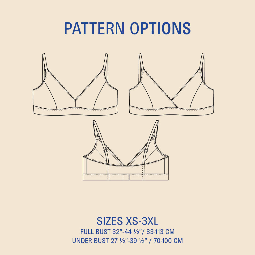 Illustrations of three bra patterns with size information on a beige background