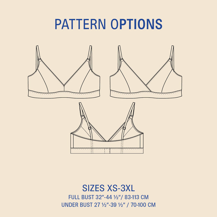 Illustrations of three bra patterns with size information on a beige background