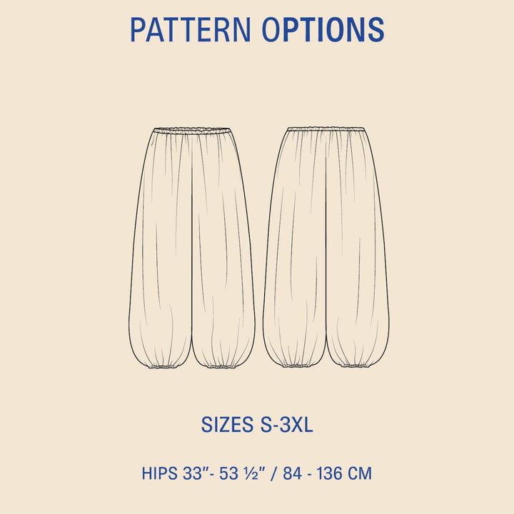 Outline of pants with pattern options text on a beige background