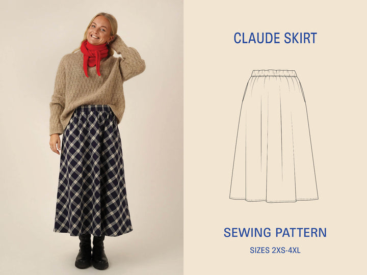 Model wearing a Claude Skirt sewing pattern in plaid fabric with sewing pattern illustration on a beige background