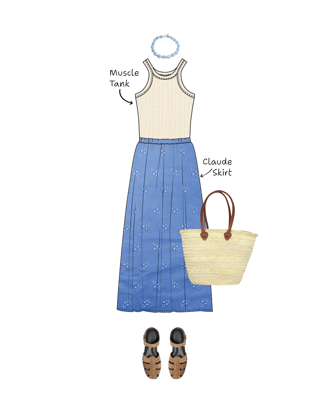 Illustration of muscle tank sewing pattern, Claude skirt sewing pattern, sandals, and straw bag on a white background.