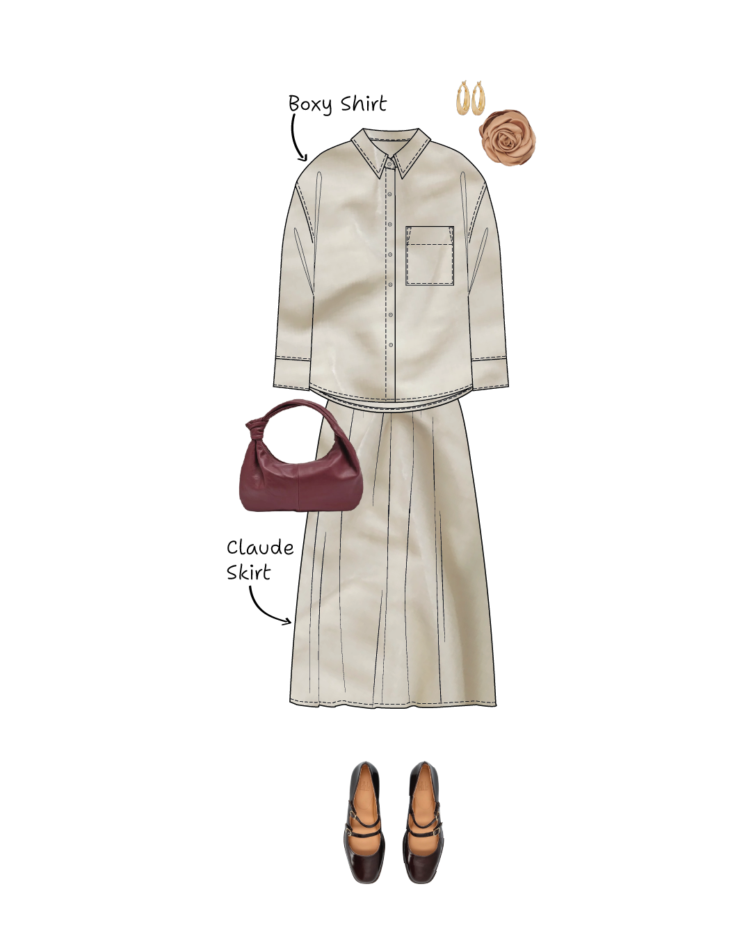 Illustrated outfit with beige boxy shirt sewing pattern, beige Claude skirt sewing pattern, maroon handbag, and brown shoes on a white background.