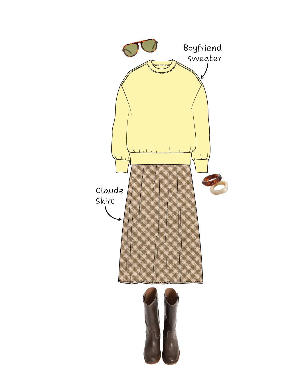 Illustrated outfit with a yellow boyfriend sweater sewing pattern, Claude skirt sewing pattern, brown boots, and sunglasses on a white background.
