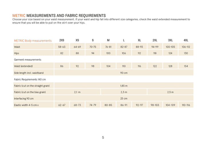Claude_skirt_Metric_measurement chart showing body, garment and fabric requirements