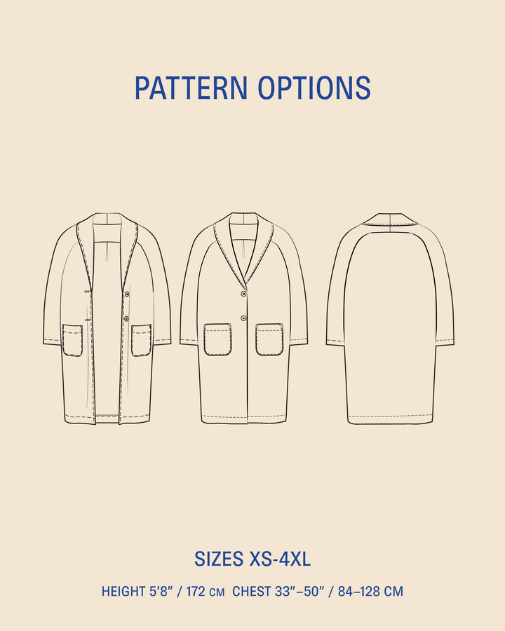 Pattern options diagram showing three line-art front and back views of a coat on a beige background, with blue text reading 'PATTERN OPTIONS' and size information for sizes XS-4XL.