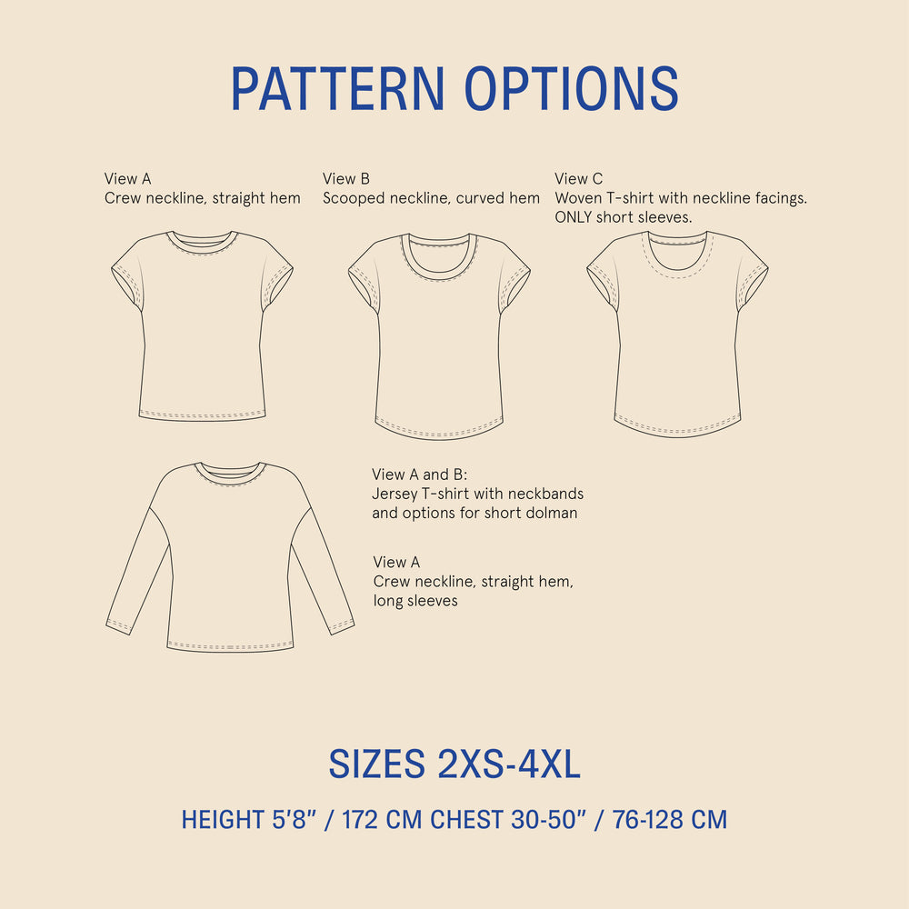 Pattern options for easy t-shirt sewing pattern, showcasing different necklines and sleeve lengths.